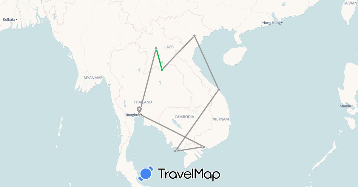 TravelMap itinerary: driving, bus, plane in Laos, Thailand, Vietnam (Asia)